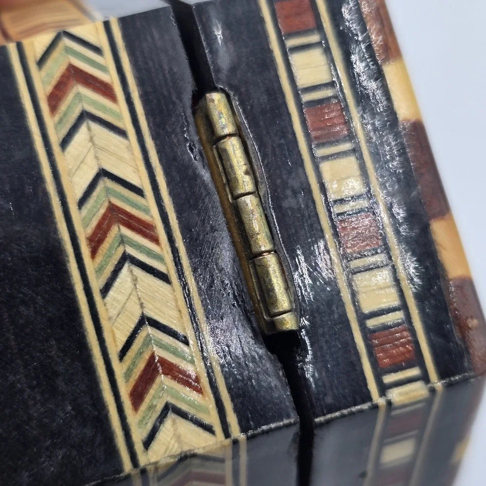 Vintage Moroccan Inlay Wood Jewelry‎ Box Geometric Marquetry Hexagon